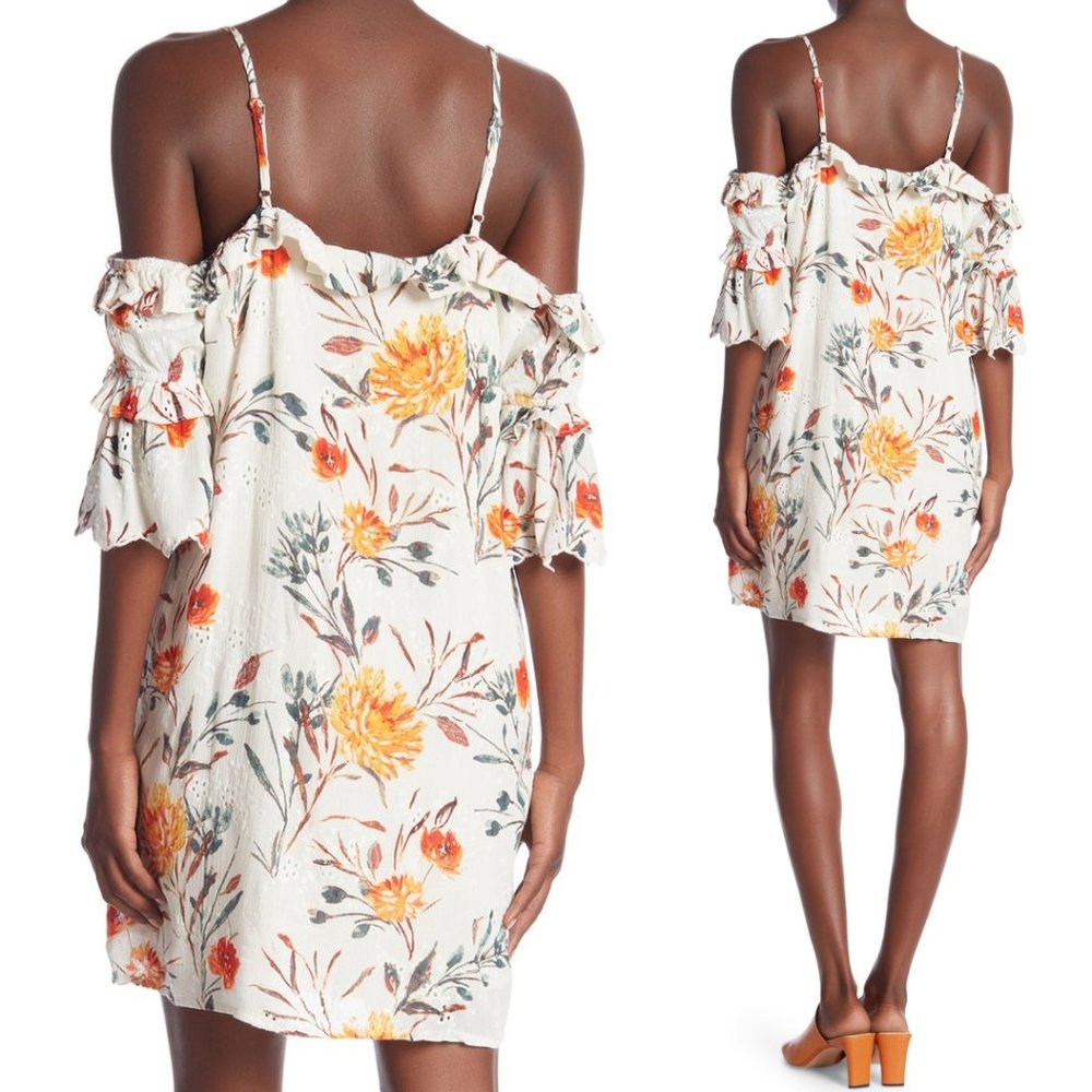 Eyelet Floral Cold Shoulder Ruffle Button Up Dress - Picture 7 of 9